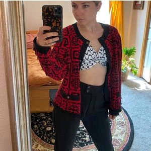 Bright Red and Inky Black Scandinavian Print Cardigan 🖤